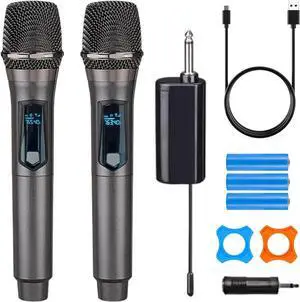 wireless Microphone,Rechargeable Wireless Dual UHF Microphone,Dual Handheld Dynamic Wireless Mic for  Singing, Wedding, DJ, Party, Speech, Church, Class Use,PA System,200ft,Gray