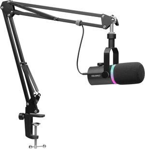 FEELWORLD PM1 XLR USB Dynamic Microphone with Boom Arm Stand for Podcast Recording PC Computer Gaming Live Streaming Vocal Voice-Over, Studio Metal Mic, RGB Light, Mute Button, Headphones Jack