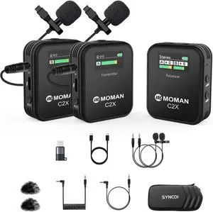 Moman Wireless Lavalier Microphone C2X, 2.4G Dual Transmitter Lapel Mic 656FT 8H for Online Class Vlog Stream YouTube for Camera Smartphone Tablet (C2X Dual)