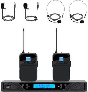 Wireless Lapel Microphone System, 2x100 Adjustable Frequencies Headset & Lavalier Mic Set, 300ft Range UHF Lavalier Mics for Meeting, Church, Singing (2 Bodypack, UG-220)