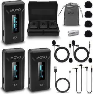 Movo WMX-2-DUO Wireless Lavalier Microphone Lapel Mic with Charging Case - Lav Mic, Wireless Lapel Microphone 2.4GHz Wireless Microphones for Camera, Lapel Mic Wireless for Vlogging, DSLR, Computer