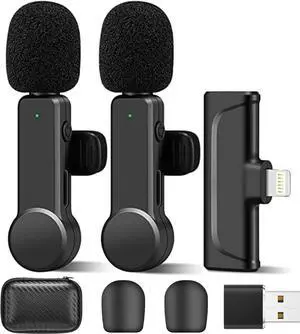2Pcs Wireless Microphone for iPhone iPad, Plug-Play Wireless Lavalier Microphone for Video Recording, TikTok, YouTube, Vloggers, Auto-Sync Noise Reduction Wireless Lapel Mic
