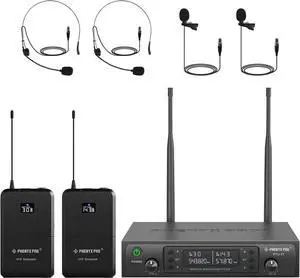 Phenyx Pro Dual Wireless Microphone System w/ 2x100 UHF Frequencies, Auto-Scan Cordless Mic Set, 2 Bodypacks & Headsets/Lapel Microphones for Speaking, Singing, Church, DJ (PTU-71-2B)