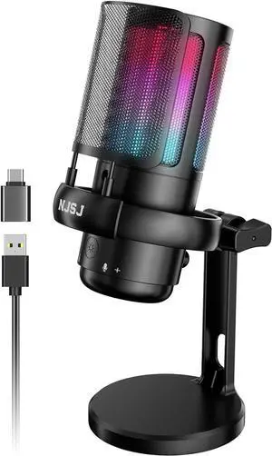 NJSJ USB Microphone for Computer, Gaming Mic for PC,PS4,PS5 and Mac, Condenser Microphone with 9 RGB Light Modes,Mute Button,Gain Control, Headphones Jack,Desk Streaming Mics for Podcast,YouTube