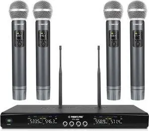 Phenyx Pro Wireless Microphone System, Metal Wireless Mic Set with 4 Cordless Mics, 4x25 UHF Adjustable Frequencies, 200ft Range, Dynamic Microphones for Singing, , Church, DJ (PTU-5200-4H)