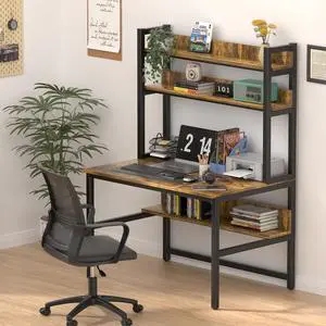 Aquzee Computer Desk with Hutch & Shelves, 47in Wide Desk with Bookshelf, 47W x 23.6D x 65H Tall Home Office Desk, Metal Legs Study Table with Upper Storage Shelf for Study Writing/Workstation