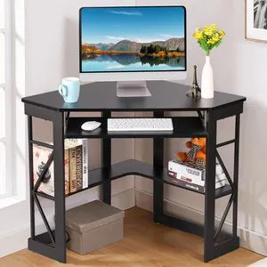 VECELO Corner Desk Computer Desk Writing Table with Smooth Keyboard Tray & Storage Shelves,Compact Home Office Triangle Table,Black VECELO Corner Desk Computer Desk Writing Table with Smooth Keyboard Tray & Storage Shelves,Compact Home Office Triangle Table,Black