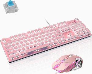 Basaltech Mechanical Gaming Keyboard and Mouse Combo, Retro Steampunk Vintage Typewriter-Style Keyboard with LED Backlit, 104-Key Anti-Ghosting Blue Switch Wired USB Metal Panel Round Keycaps, Pink
