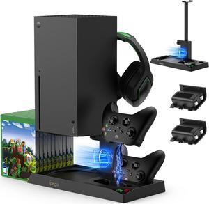 Vertical Cooling Stand for Xbox Series X Console - Dual Controller Charging Dock Station with 2 Pack 1400mAh Batteries & Game Rack Storage Organizer and Gaming Headphones Holder for Xbox Series X