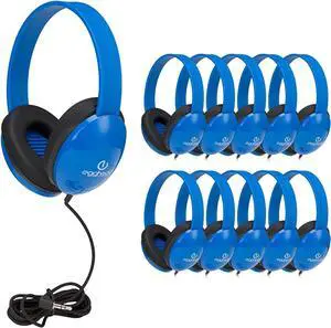 Egghead Heavy-Duty Kids' Headphones with Padded Ear Cups and 6' Cord, Adjustable Tangle-Free Plastic Classroom Headphones for Kids, Pack of 10, Blue