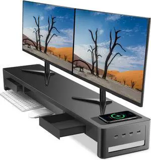 meatanty Dual Monitor Stand Riser with 2 Drawers,4 USB Ports and Charging Pad,Metal Monitor Stand for 2 Monitors Supports Transfer Data and Charging,Desk Organizer for PC,iMac(38.7 inches)