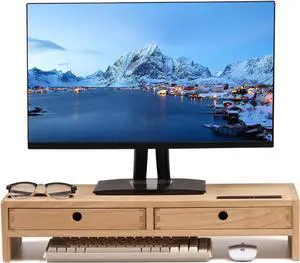 KIRIGEN Wood Monitor Stand with 2 Drawers - Computer Arm Riser Desk Storage Organizer,Speaker TV Laptop Printer Stand with Pen Slot and Cable Management,2-Tier Desktop Shelf NA-2PMJ
