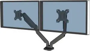 Fellowes Platinum Series Dual Monitor Arm for 32-Inch Monitors, Full Motion, 360° Rotation, VESA Mount with Grommet or Clamp, USB Ports, Ergonomic, Black, 8042501