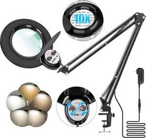 KIRKAS 10X Magnifying Glass with Light and Clamp, LED Magnifying Lamp, 2200 Lumen Any Color Modes and Stepless Dimming, Real Glass Lens Magnifier Light for Crafts, Reading, Sewing, Close Work- Black