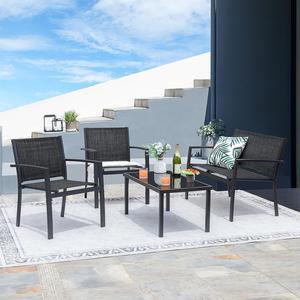 Greesum 4 Pieces Patio Furniture Set, Outdoor Conversation Sets for Patio, Lawn, Garden, Poolside with A Glass Coffee Table, Black