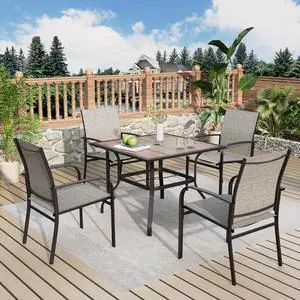 Outdoor Patio Dining Set 5 Piece Furniture Set with 4 Brown Textilene Chairs and 37" Wood-Like Table Top for Deck Garden Backyard Lawn Poolside