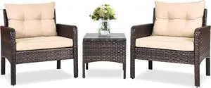 RELAX4LIFE 3-Piece Patio Furniture Set, PE Rattan Wicker Outdoor Conversation Set w/Glass Top Coffee Table & Thick Cushions for Deck Porch Balcony Garden, Bistro Table and Chairs Set of 2 (Beige)