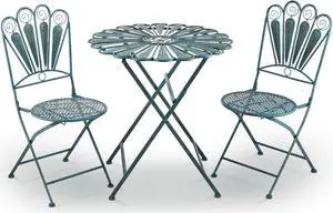 Alpine Corporation Indoor/Outdoor 3-Piece Peacock Feather Rustic Metal Bistro Set Patio Seating, Light Blue