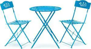 Alpine Corporation Indoor/Outdoor 3-Piece Bistro Set Folding Table and Chairs Patio Seating, Blue