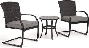 Grand patio 3-Piece Bistro Set, Outdoor Wicker Table Set, Rocking Wicker Chairs with Removable Cushions and Small Coffee Table, Patio Furniture Sets for Balcony, Porch, Grey
