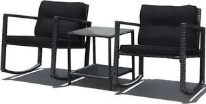 DORTALA 3 Pieces Patio Furniture Set, Rattan Rocking Chair and Glass Coffee Table with Cushions, Outdoor Wicker Conversation Bistro Set of 3 for Backyard Poolside, Black