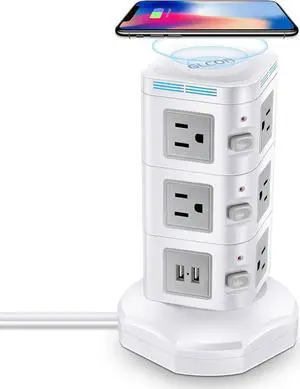 Power Strip Tower with 15W Fast Wireless Charger, ODOM 1800J Surge Protector, Max 13A, 4 USB Ports+10 AC Outlets+6 Ft Retractable Extension Cord,Multiple Charging Station for Home Office