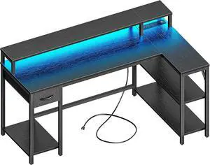 SUPERJARE 53 inch Reversible L Shaped Desk with LED Lights & Power Outlets, Computer Desk with Shelves & Monitor Stand, Gaming Desk with Drawer, Home Office Desk Corner Desk, Black