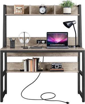 Yaheetech Home Office 47 Inch Writing Desk with Power Outlets and 2 USB Charging Ports for Studying, Gaming Table Computer Desk with Hutch and Bookshelf, Metal Frame Workstation for Office, Gray