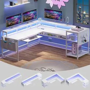 SEDETA L Shaped Gaming Desk, Reversible Home Office Desk or Corner Desk, Gaming Desk with Power Outlets & LED Strip, Monitor Shelf, Keyboard Tray, Pegboard and Storage Shelves, White