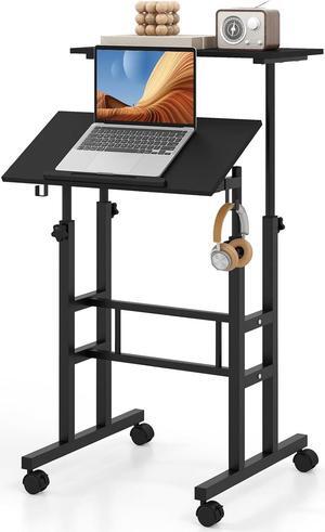 Tangkula Mobile Standing Desk, Height-Adjustable Laptop Podium Cart with Tilting Tabletop & Adjustable Angle, Rolling Stand Up Computer Desk with 2 Hanging Hooks & Lockable Casters for Home Office