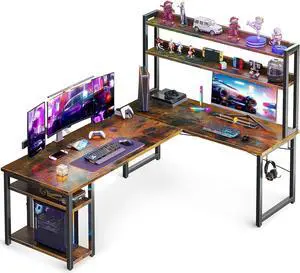 ODK L Shaped Gaming Desk with Hutch, Computer Desk with Storage Shelves, 66" L Shaped Desk for Home Office, Corner Desk with Headphone Hook, Vintage
