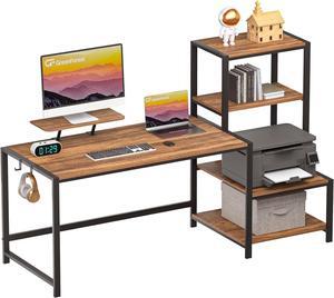 GreenForest Office Desk 58 inch with Printer Shelf, Reversible Computer Desk with Movable Monitor Stand and 2 Hooks,Home Workstation for Study Writing Working Gaming, Brown
