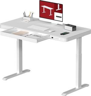 SANODESK Standing Desk with Drawer, Electric Height Adjustable Home Office Desk with Storage & USB Ports, 48 inch White Wood Tabletop/White Frame