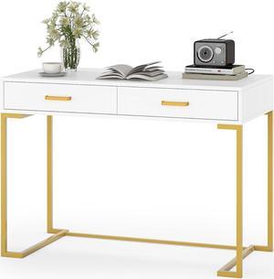 Tribesigns 40 Inch Computer Desk, White and Gold Desk with 2 Drawers, Modern Simple Home Office Desk, Gold Writing Desk Study Table for Bedroom, Modern Makeup Vanity Desk for Small Spaces