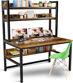Aquzee Computer Desk with Hutch Bookshelves, 55 Inch Home Office Writing Desk with Space Saving Design, Gaming Table Organized Desk with Storage Shelves Bookshelf Easy Assemble, Rustic Brown
