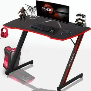 39 Inch Gaming Desk Z-Shaped Computer Gaming Workstation with Headset Hook Home Office Desk, Ergonomic Small Gaming Table and Small Desk with Footbed, MDF Desktop and Metal Frame, Red