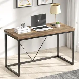FOLUBAN Modern Home Office Desk, Rustic Wood and Metal Computer Desk, Industrial Study Writing Gaming Table Workstation, Vintage Laptop PC Desk, Oak 47 Inch