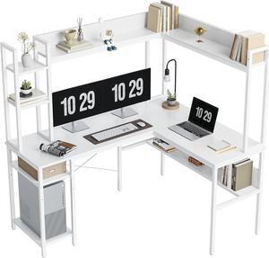 CubiCubi L Shaped Gaming Desk with Hutch, 60" Corner Computer Desk with Storage Shelves, Large Home Office Desk with Bookshelf, Space-Saving, White