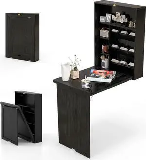 Tangkula Wall Mounted Desk, Fold Out Convertible Floating Desk, Multi-Function Murphy Desk for Home Office, Space Saving Computer Desk Hanging Table with Storage Area (Black)