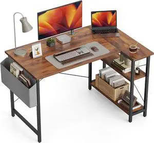 CubiCubi L Shaped Desk, 40 Inch Computer Desk with Reversible Storage Shelves Home Office Corner Desk Study Writing Table, Deep Brown