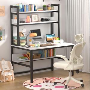 Aquzee Computer Desk with Shelves, 47" Gaming Desk with Hutch and Bookshelf, White Study Table for Bedroom Space Saving with 3 Tier Storage Shelf, Home Office Desk for Writing Work, Easy Assemble