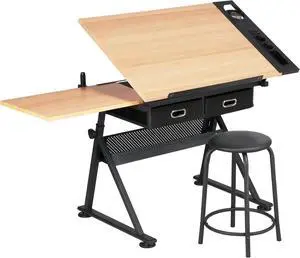 Yaheetech Height Adjustable Drafting Table Drawing Table Artist Desk Tilting Tabletop Art Craft Desk Watercolor Paintings Sketching Work Station w/2 Storage Drawers and Stool for Home Office
