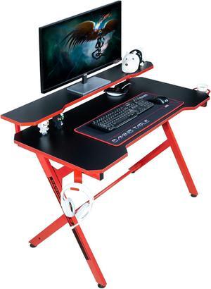 JJS 48" Home Office Gaming Computer Desk with Removable Monitor Stand, R Shaped Large Gamer Workstation PC Table with Cup Holder Headphone Hook Speaker Storage Free Mouse pad, Black/Red