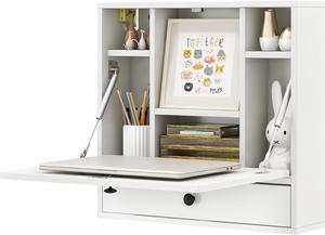 Folding Wall Desk, Wood Wall Mounted Desk with Storage Drawer and Shelves, Fold Down Wall Mount Laptop Desk, Corner Floating Desk for Small Spaces (White)