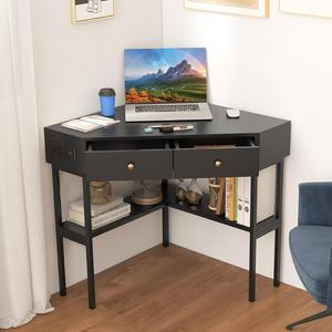 Corner Desk with Power Outlet, 90 Degrees Triangle Desk w/Storage Shelves and Drawers, Corner Makeup Vanity Table, Corner Desks for Small Spaces, Small Corner Desk for Bedroom, Study (Black)