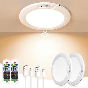 2 Pack Rechargeable Ceiling Light with Remote, 5 Color Temperatures Motion Sensor Light, Magnetic No Wiring Ceiling Lights Battery Powered for Closet Shower Bathroom Stairs Hallway Porch
