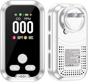 3in1 Plug in Carbon Monoxide Detector Alarm Builti-in 2000mAh 10-Day Backup Battery with 2.1'' HD Screen [CO Temp Humidity Sensor] for Home Hotel Room Indoor/Outdoor Travel RV (White)