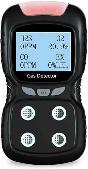 Portable 4 Gas Detector, 4 in 1 Multi Gas Monitor TesterH2S,O2,CO and EX Rechargeable LCD Display Gas Sniffer AlarmGas Clip Sound Light Shock Alarm (Black)