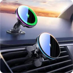 for MagSafe Car Mount Charger (4.13 lbf) Large Magnetic 15W Qi Wireless Charger for Car Vent/Dashboard Phone Holder for iPhone 16/15/14/13/12 Series 7 Color Lights Aluminium Black