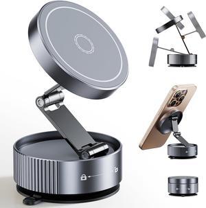Upgraded Vacuum Magnetic Phone Holder for MagSafe,Double-Foldable Suction Cup Phone Mount,360° Rotatable Phone Mount for All Smartphones & All Car Models- Grey